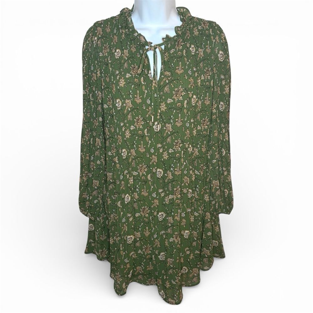 Skies Are Blue Casual Green Floral Pleated Dress Ruffle Collar Tie Neck XS